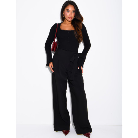 Ribbed knit bodysuit with a square neckline and lace trim