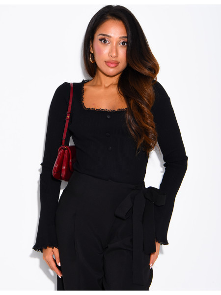 Ribbed knit bodysuit with a square neckline and lace trim