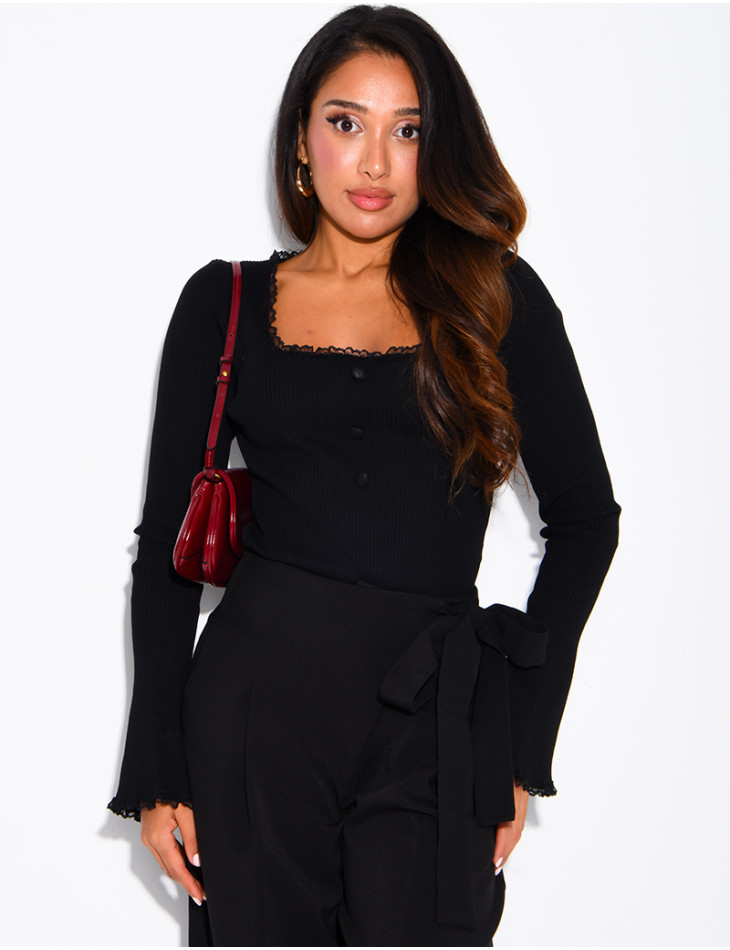 Ribbed knit bodysuit with a square neckline and lace trim