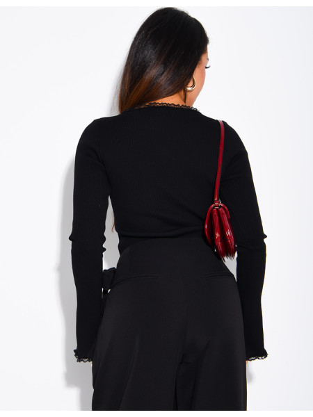 Ribbed knit bodysuit with a square neckline and lace trim