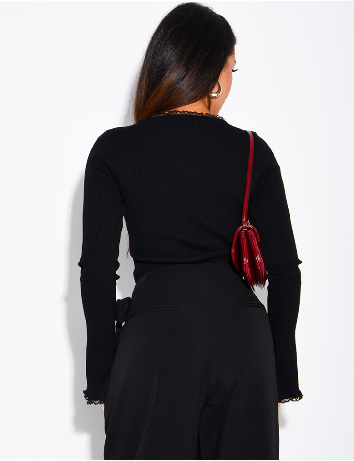 Ribbed knit bodysuit with a square neckline and lace trim