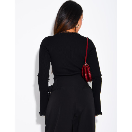Ribbed knit bodysuit with a square neckline and lace trim