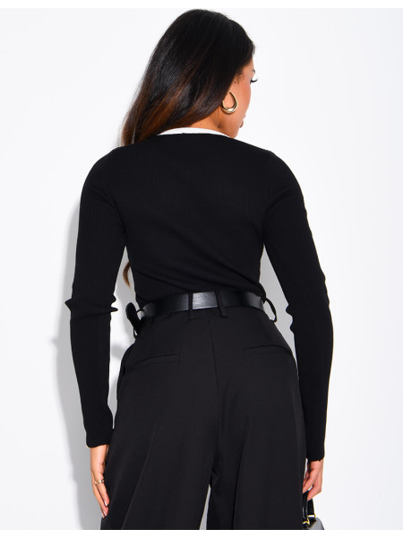 Button-down ribbed knit bodysuit with contrasting trim
