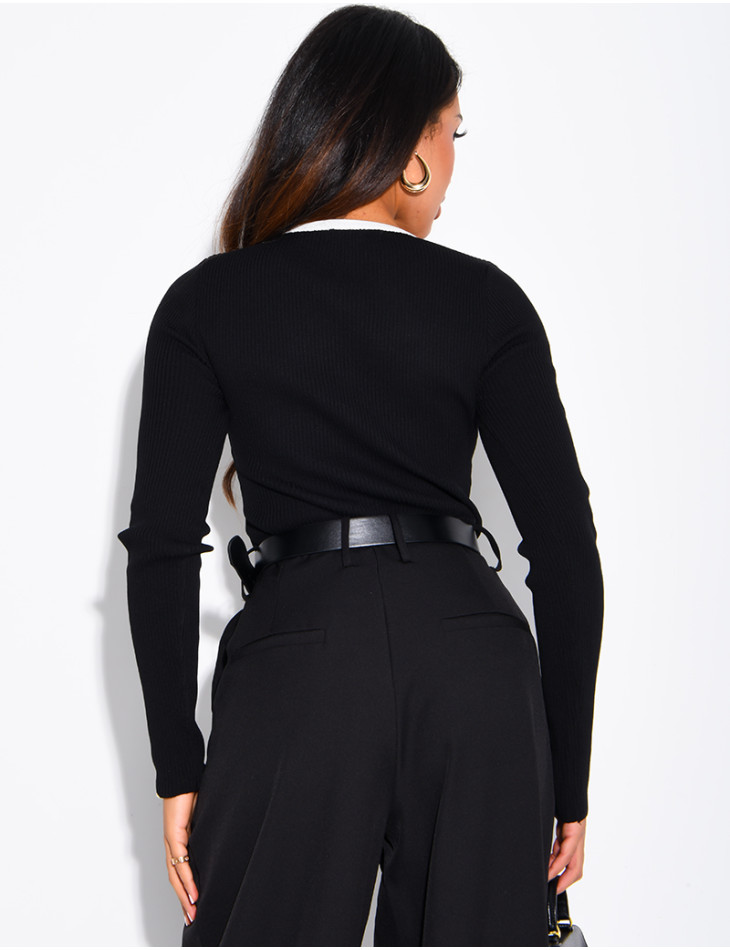 Button-down ribbed knit bodysuit with contrasting trim
