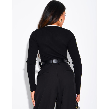 Button-down ribbed knit bodysuit with contrasting trim