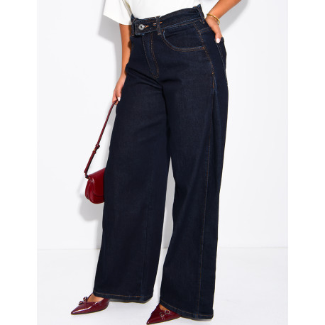 Weite Jeans in Raw Denim-Blau mit Gürtel an der Taille