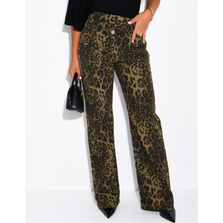 Gerade geschnittene Stretchjeans mit gekreuzter Knopfleiste und Leopardenmuster