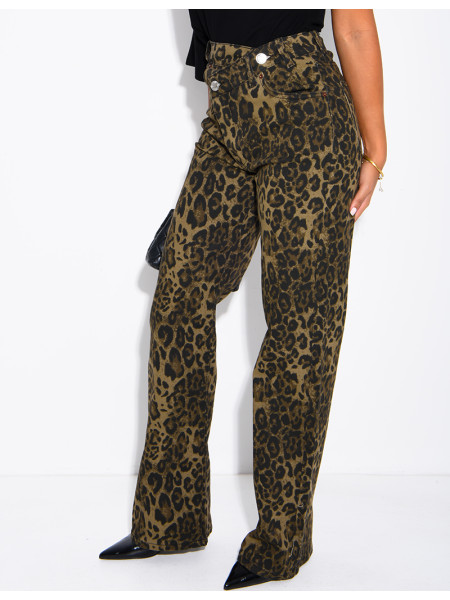 Gerade geschnittene Stretchjeans mit gekreuzter Knopfleiste und Leopardenmuster