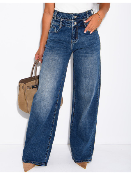 Jeans wide leg délavé à double boutonnière