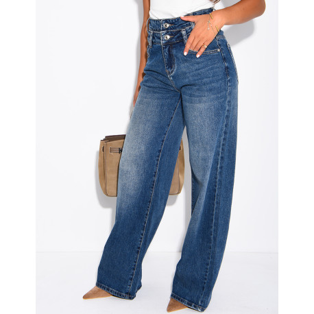 Jeans wide leg délavé à double boutonnière