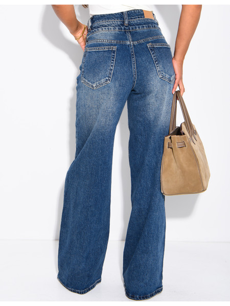 Jeans wide leg délavé à double boutonnière