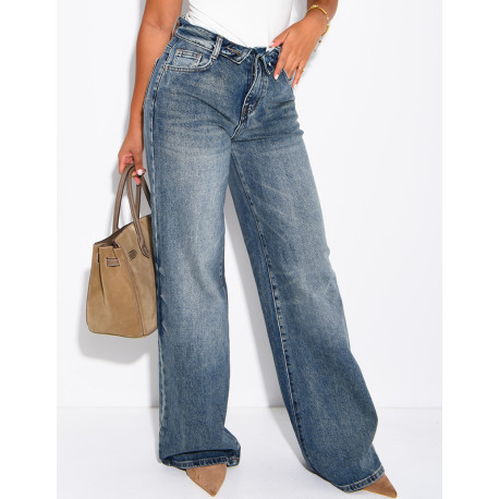 Jeans wide leg délavé à revers à la taille