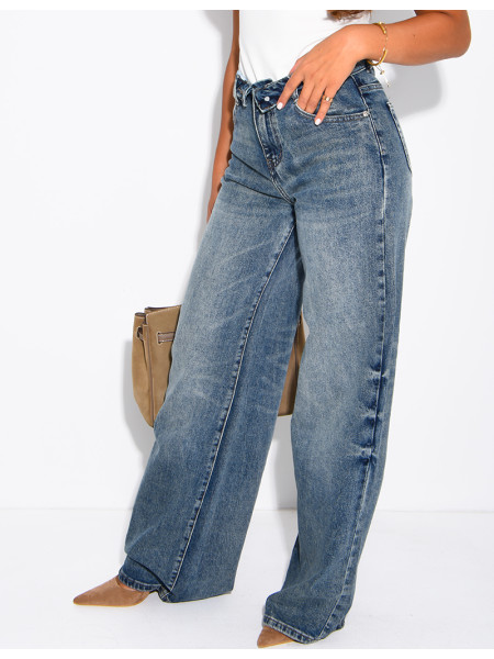 Jeans wide leg délavé à revers à la taille