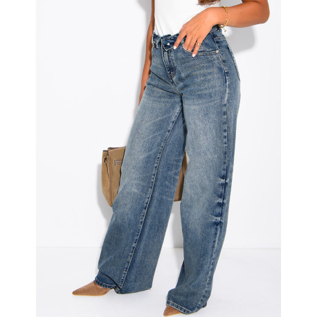 Jeans wide leg délavé à revers à la taille