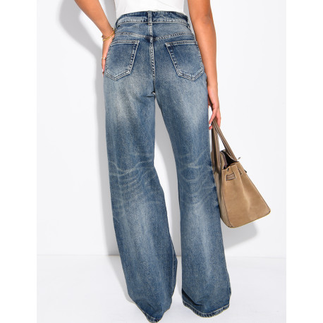 Jeans wide leg délavé à revers à la taille