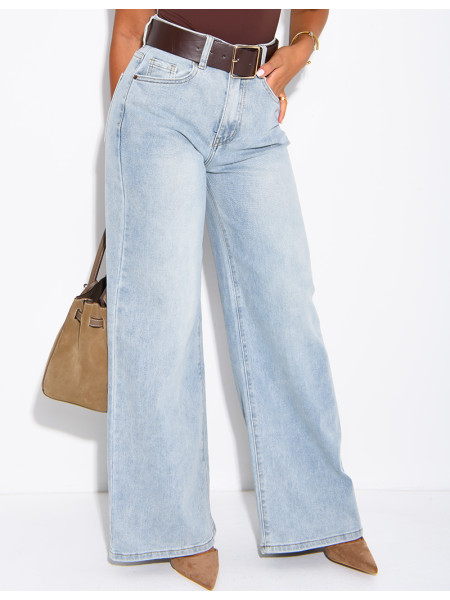 Faded wide-leg jeans with a faux leather waistband