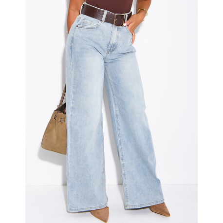 Faded wide-leg jeans with a faux leather waistband