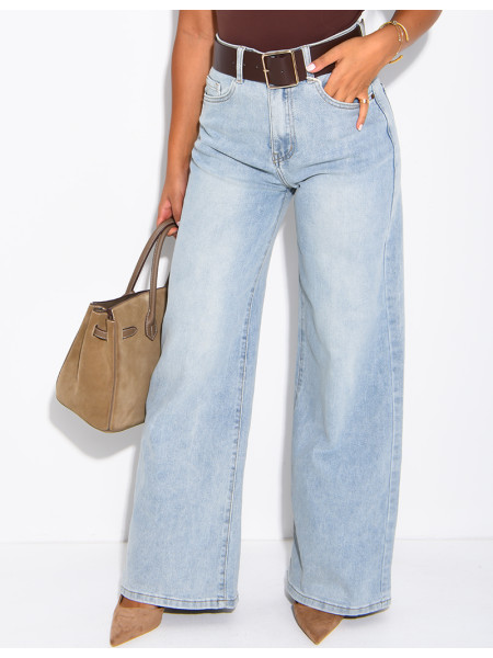 Faded wide-leg jeans with a faux leather waistband