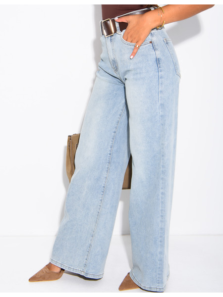 Faded wide-leg jeans with a faux leather waistband