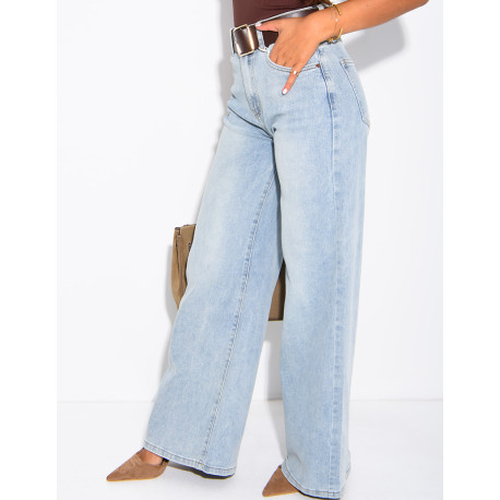 Faded wide-leg jeans with a faux leather waistband