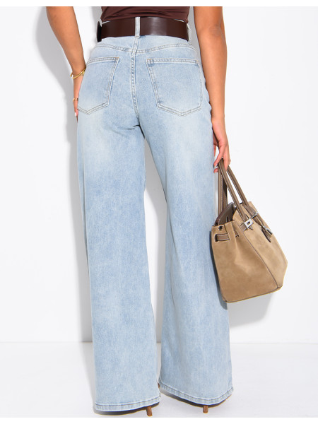 Faded wide-leg jeans with a faux leather waistband