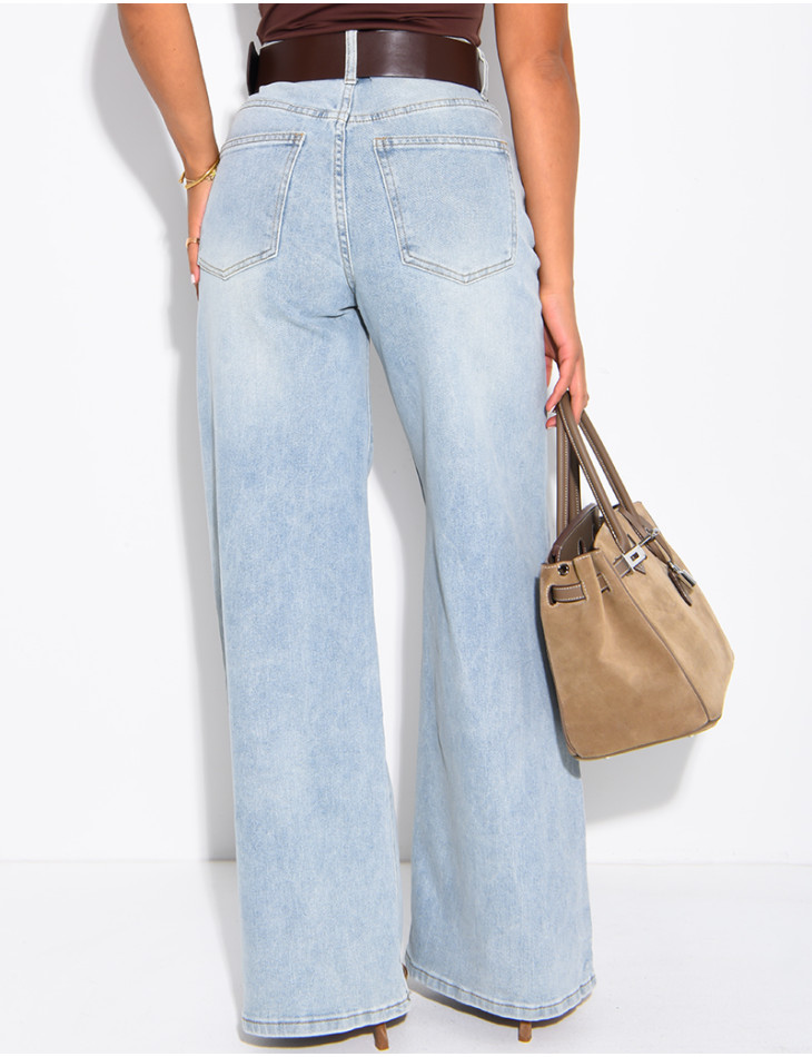 Faded wide-leg jeans with a faux leather waistband