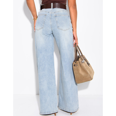 Faded wide-leg jeans with a faux leather waistband