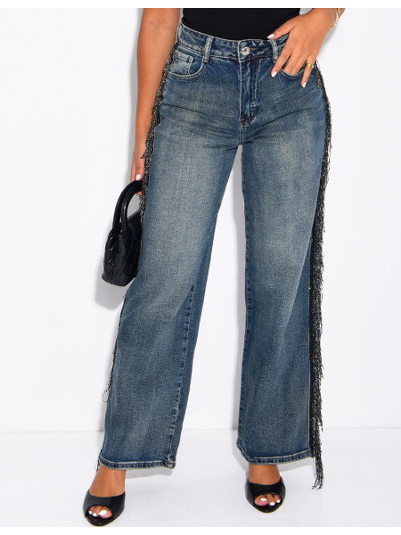 Faded wide-leg jeans with sequinned fringing down the sides