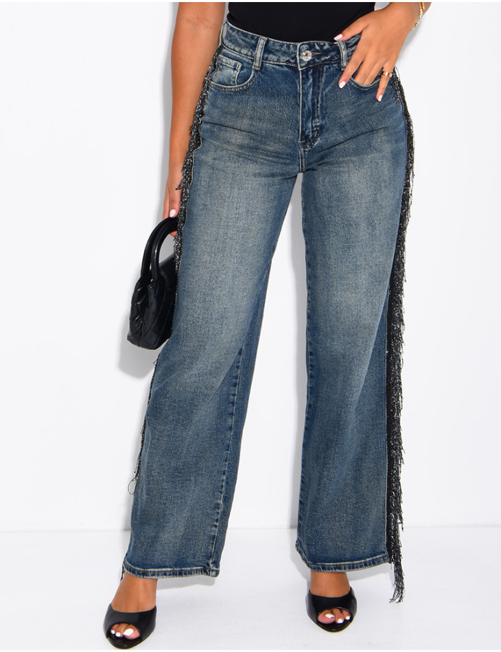 Faded wide-leg jeans with sequinned fringing down the sides