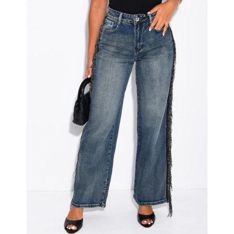 Faded wide-leg jeans with sequinned fringing down the sides
