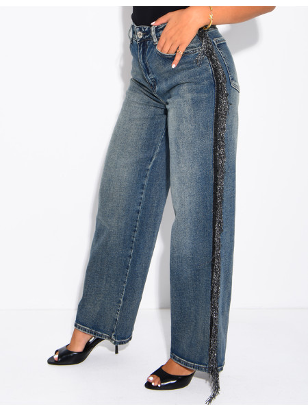 Faded wide-leg jeans with sequinned fringing down the sides