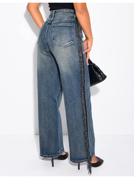 Faded wide-leg jeans with sequinned fringing down the sides
