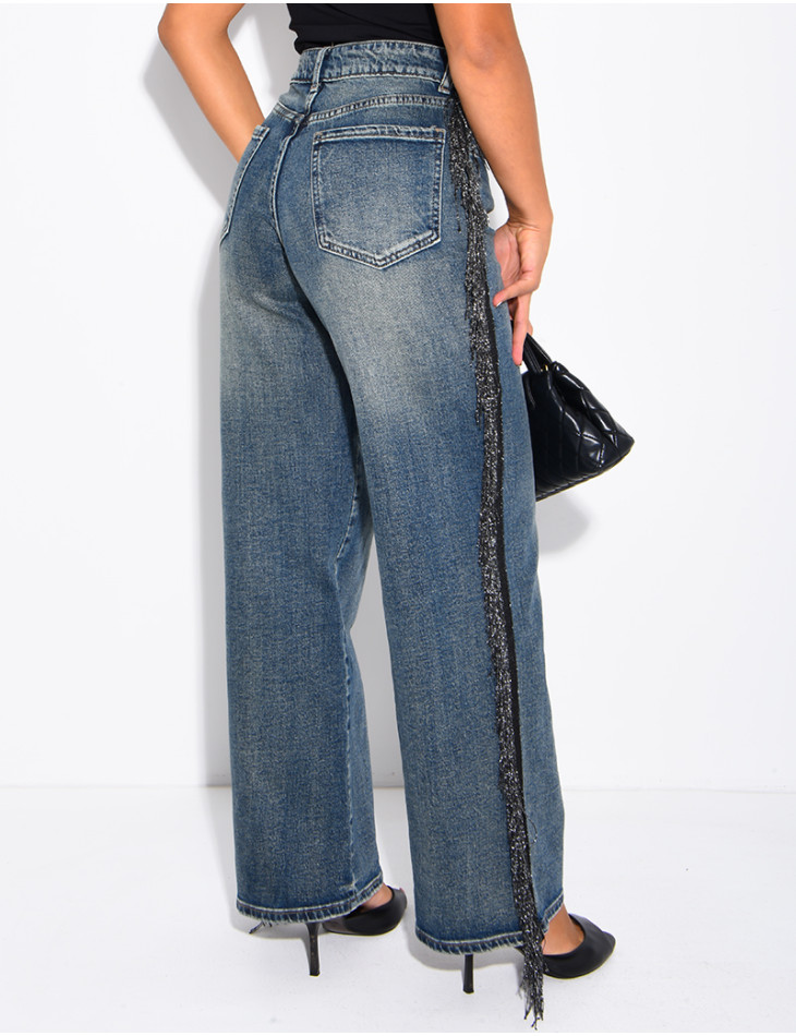 Faded wide-leg jeans with sequinned fringing down the sides