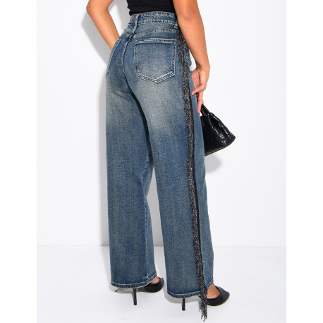 Faded wide-leg jeans with sequinned fringing down the sides