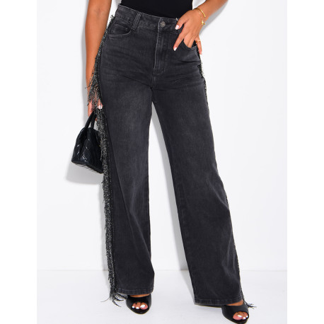 Jeans mit weitem Bein, verwaschener Optik und Paillettenfransen an den Seiten