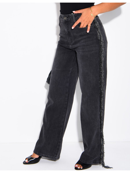 Jeans mit weitem Bein, verwaschener Optik und Paillettenfransen an den Seiten