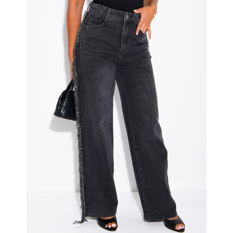 Jeans mit weitem Bein, verwaschener Optik und Paillettenfransen an den Seiten