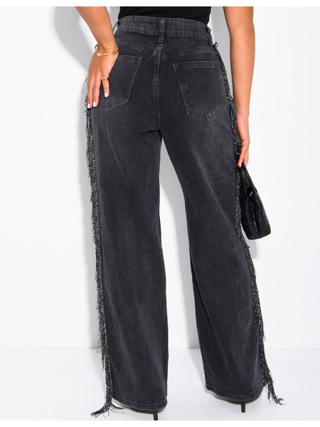 Jeans mit weitem Bein, verwaschener Optik und Paillettenfransen an den Seiten