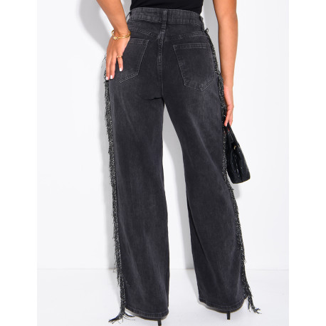 Jeans mit weitem Bein, verwaschener Optik und Paillettenfransen an den Seiten
