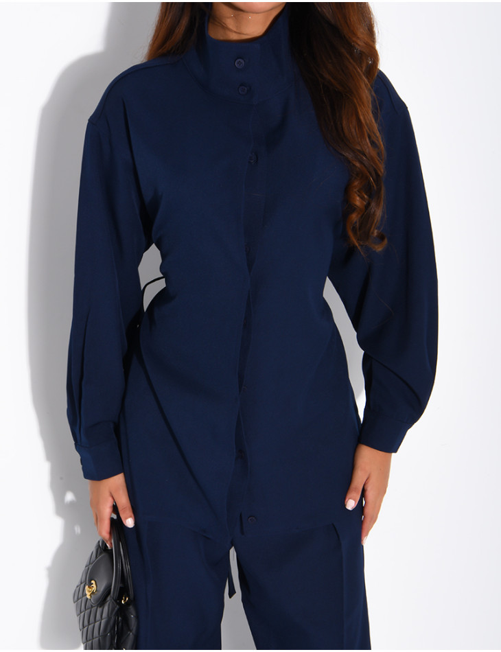 Set comprising straight-leg trousers and a button-up tie-front blouse