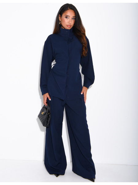 Set comprising straight-leg trousers and a button-up tie-front blouse