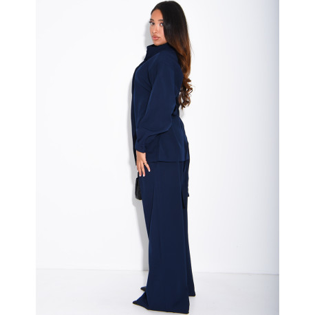 Set comprising straight-leg trousers and a button-up tie-front blouse