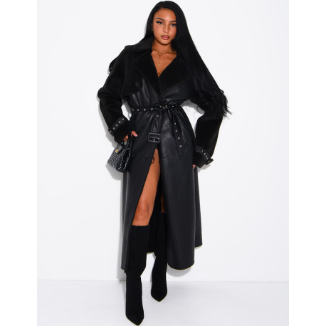 Long faux leather coat with fur lining & contrasting panels