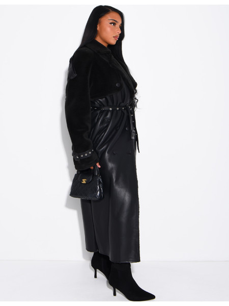 Long faux leather coat with fur lining & contrasting panels
