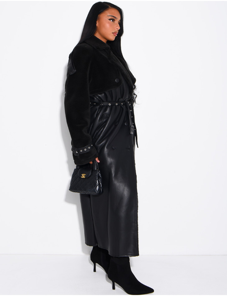 Long faux leather coat with fur lining & contrasting panels