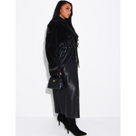 Long faux leather coat with fur lining & contrasting panels