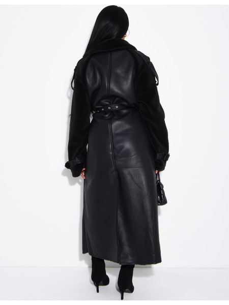 Long faux leather coat with fur lining & contrasting panels