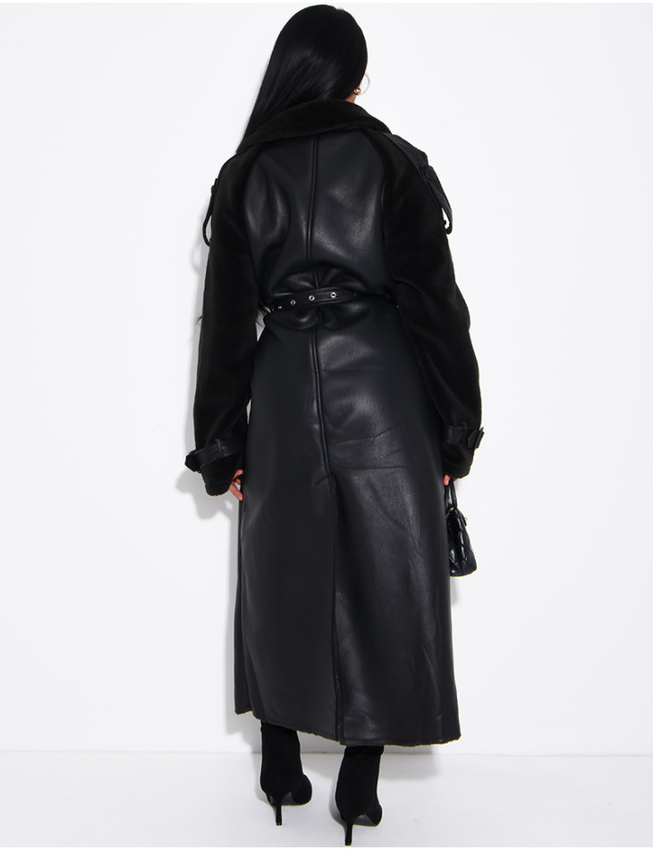Long faux leather coat with fur lining & contrasting panels