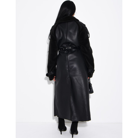 Long faux leather coat with fur lining & contrasting panels