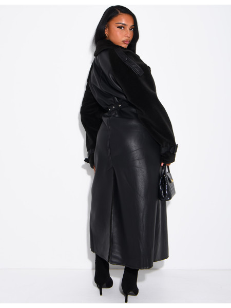 Long faux leather coat with fur lining & contrasting panels